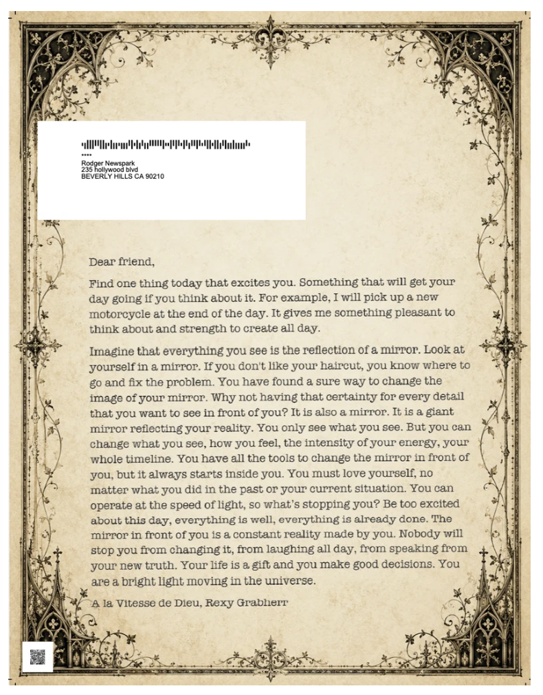 An actual Reboot Letter with ornate border and typewritten text